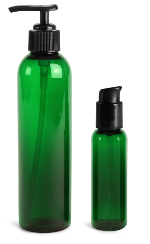 PET Plastic Bottles, Green Cosmo Round Bottles w/ Black Lotion Pumps & Treatment Pumps