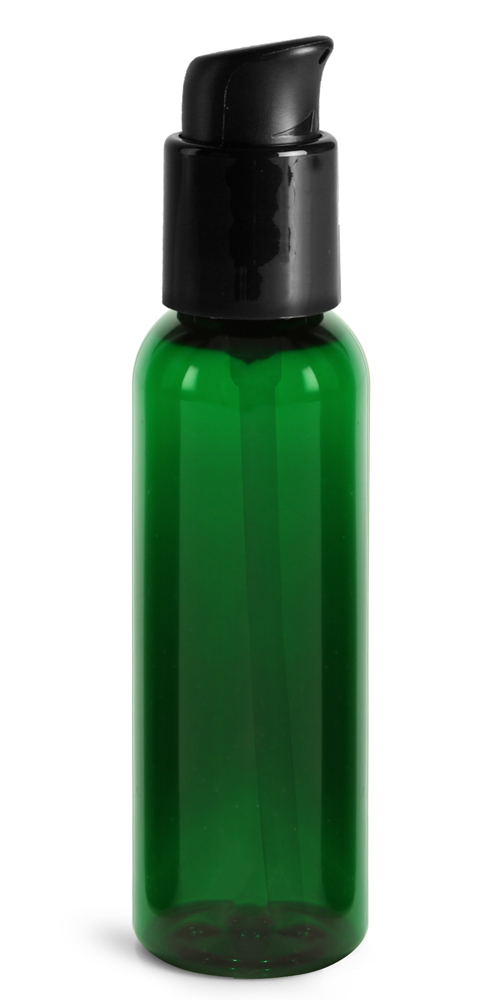 2 oz Green PET Cosmo Round Bottles w/ Black Treatment Pumps