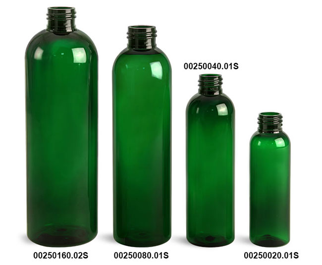 Green PET Cosmo Round Bottles (Bulk), Caps NOT Included