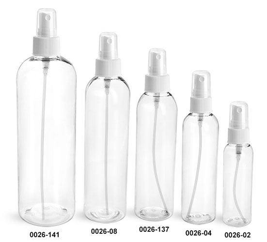 Plastic Bottles, Clear PET Cosmo Round Bottles With White Fine Mist Sprayers