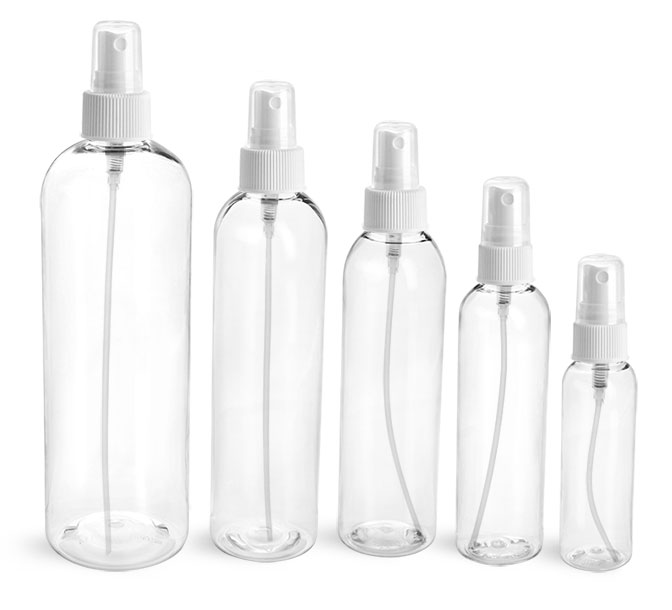 PET Plastic Bottles, Clear Cosmo Round Bottles w/ White Fine Mist Sprayers