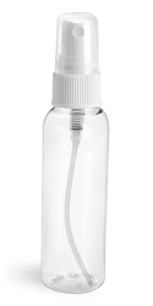 2 oz Clear PET Cosmo Round Bottles w/ White Fine Mist Sprayers