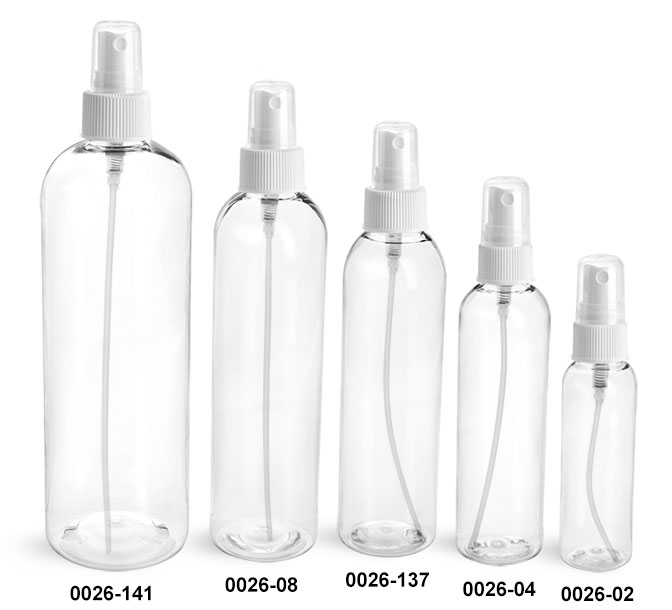 Plastic Bottles, Clear PET Cosmo Round Bottles With White Fine Mist Sprayers