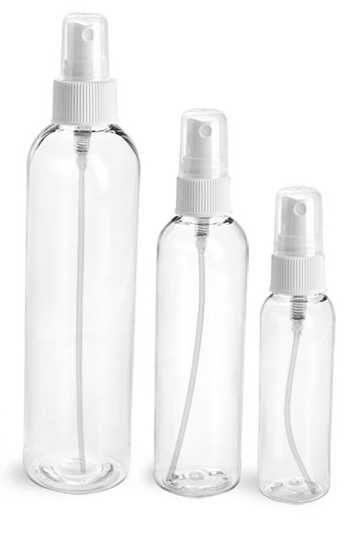 4 oz Clear PET Cosmo Round Bottles w/ White Fine Mist Sprayers