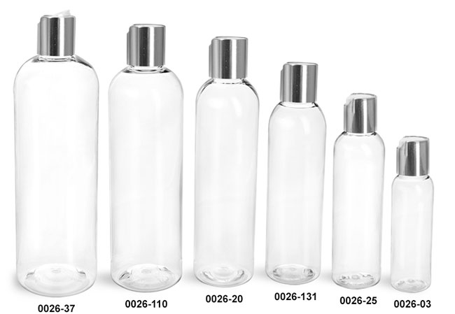 Plastic Bottles, Clear PET Cosmo Round Bottles With Smooth Silver Disc Top Caps