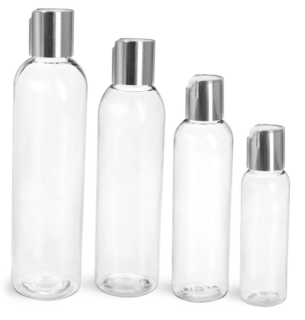 PET  Clear Cosmo Round Bottles w/ Smooth Silver Disc Top Caps