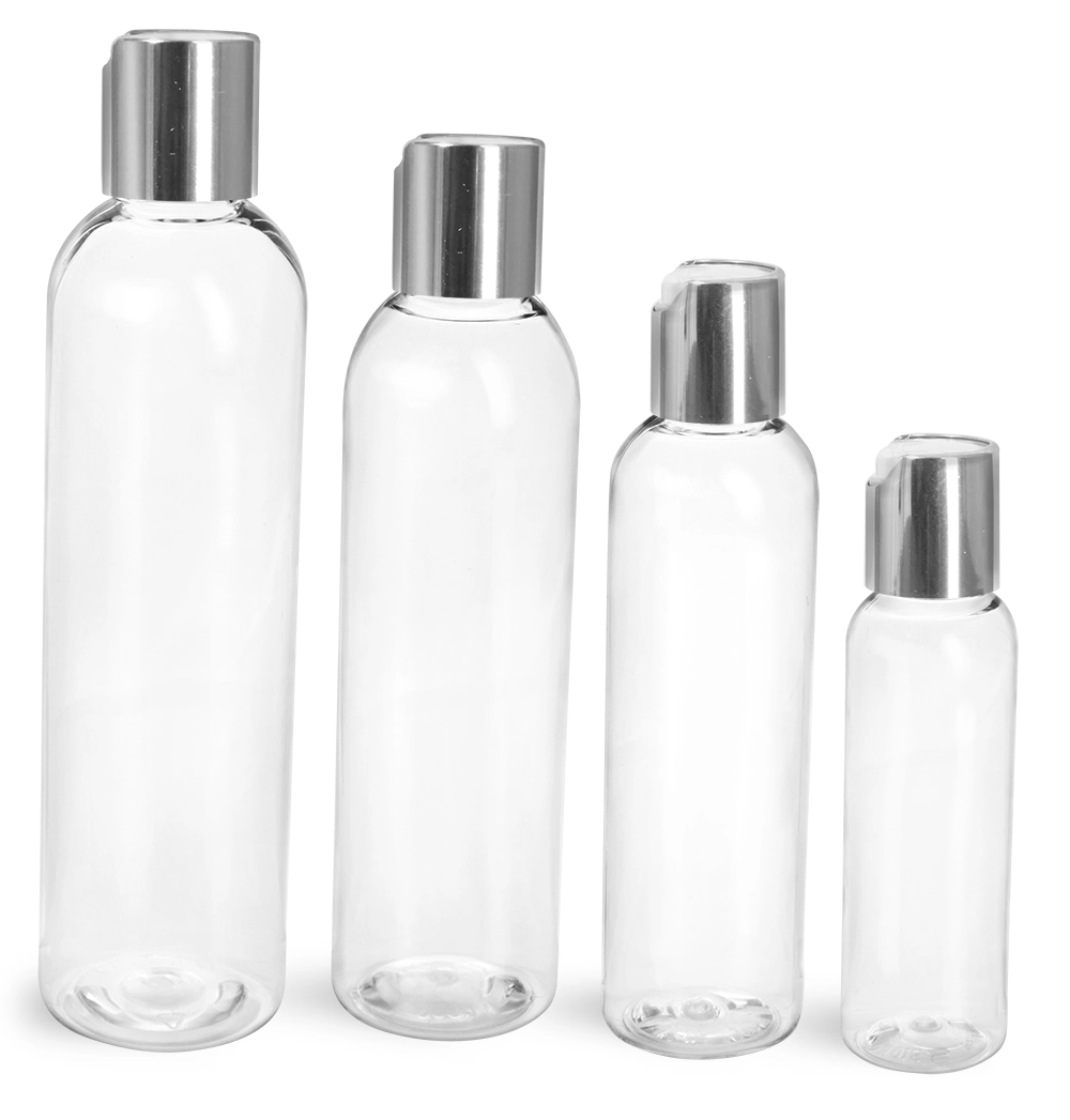 PET Plastic Bottles, Clear Cosmo Round Bottles w/ Smooth Silver Disc Top Caps