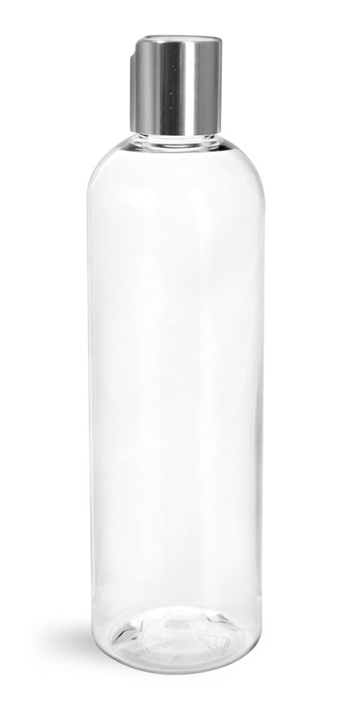 2 oz Clear PET Cosmo Round Bottles w/ Smooth Silver Disc Top Caps