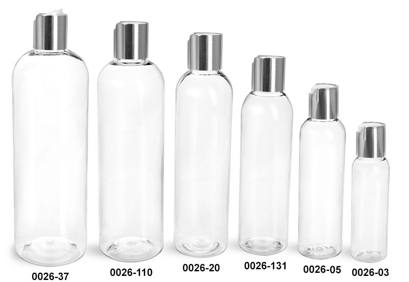 Plastic Bottles, Clear PET Cosmo Round Bottles With Smooth Silver Disc Top Caps