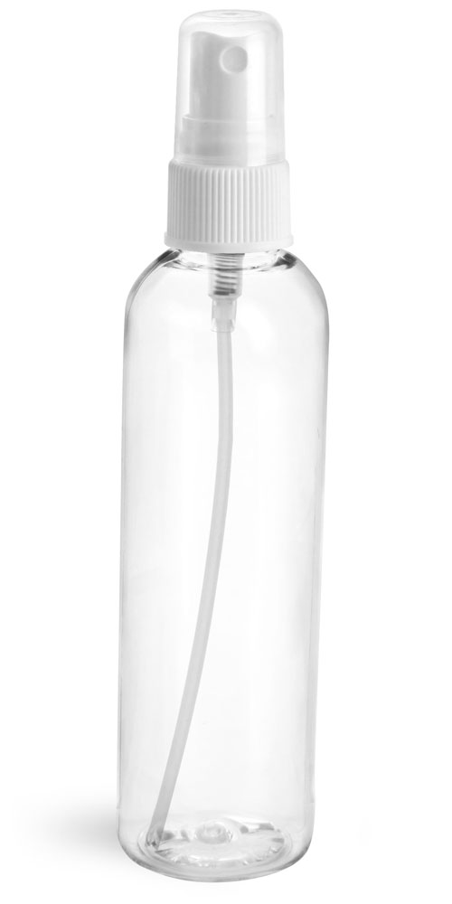 4 oz Clear PET Cosmo Round Bottles w/ White Fine Mist Sprayers