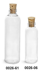 Plastic Bottles, Clear PET Cosmo Round Bottles w/ Cork Stopper