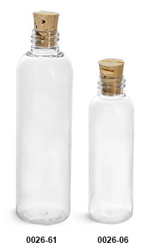 Plastic Bottles, Clear PET Cosmo Round Bottles w/ Cork Stopper