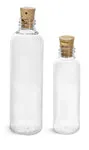PET Plastic Bottles, Clear Cosmo Round Bottles w/ Cork Stopper