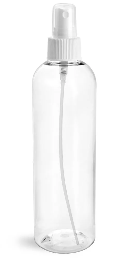 8 oz Clear PET Cosmo Round Bottles w/ White Fine Mist Sprayers