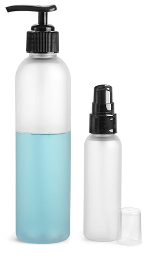 Frosted PET Cosmo Round Bottles w/ Black Treatment Pumps