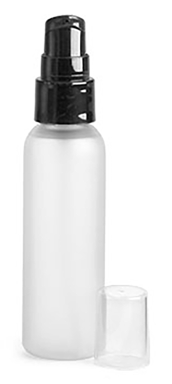 Plastic Bottles, Frosted PET Cosmo Round Bottles w/ Black Treatment Pumps