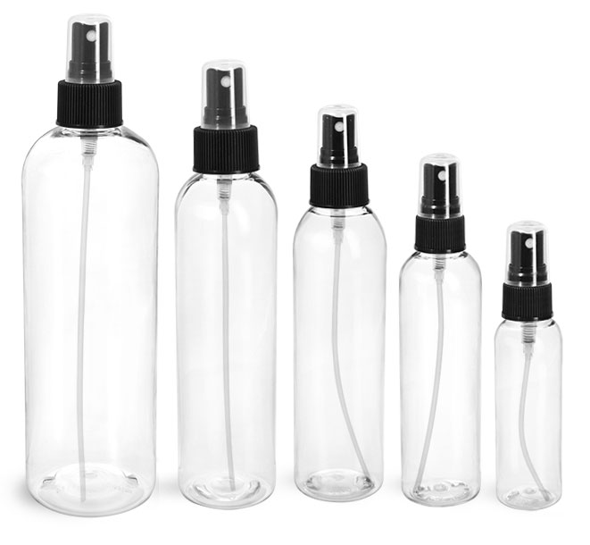 PET Plastic Bottles, Clear Cosmo Round Bottles w/ Black Fine Mist Sprayers