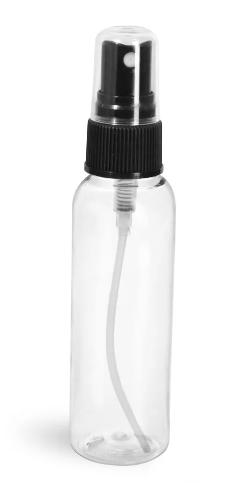 2 oz Clear PET Cosmo Round Bottles w/ Black Fine Mist Sprayers