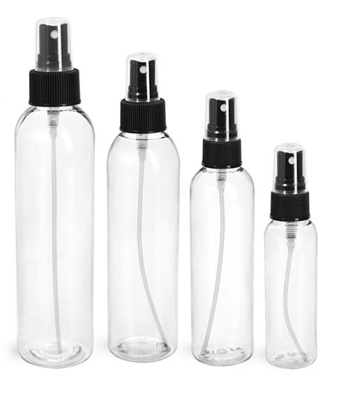 4 oz Clear PET Cosmo Round Bottles w/ Black Fine Mist Sprayers