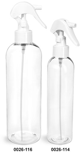 Plastic Bottles, Clear PET Cosmo Round Bottles w/ White Mini Trigger Sprayers