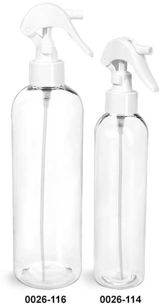 Plastic Bottles, Clear PET Cosmo Round Bottles w/ White Mini Trigger Sprayers