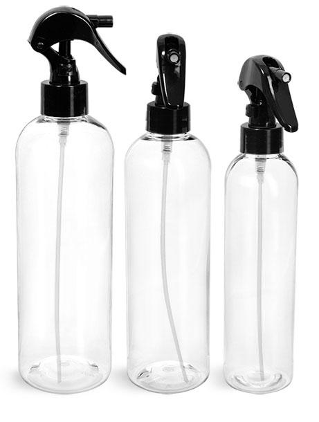 PET Plastic Bottles, Clear Cosmo Round Bottles w/ Black Mini Trigger Sprayers