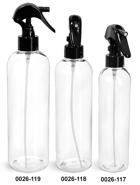 Plastic Bottles, Clear PET Cosmo Round Bottles w/ Black Mini Trigger Sprayers