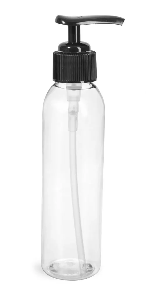 6 oz Clear Pet Cosmo Round Bottles w/ with black Lotion Pumps
