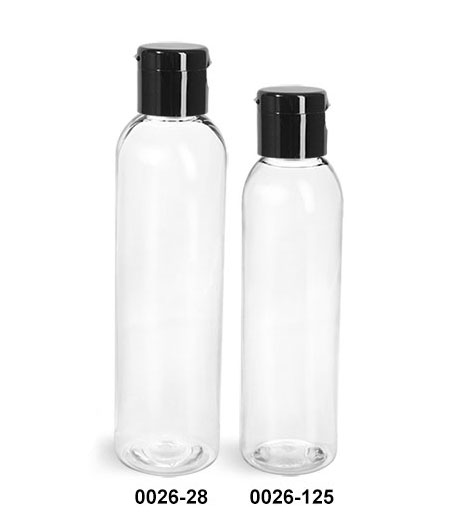 Plastic Bottles, Clear PET Cosmo Round Bottles w/ Black Smooth Snap Top Caps