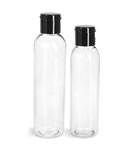 Clear PET Cosmo Round Bottles w/ Black Smooth Snap Top Caps