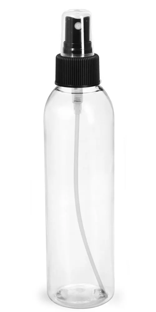 6 oz Clear PET Cosmo Round Bottles w/ Black Sprayers