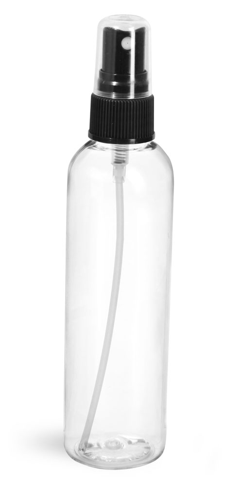 4 oz Clear PET Cosmo Round Bottles w/ Black Fine Mist Sprayers