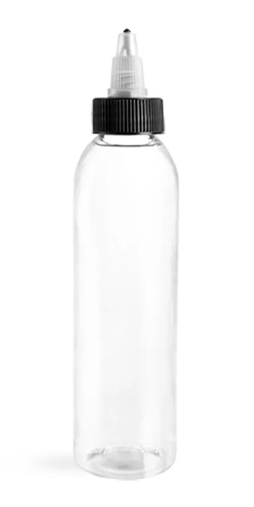 6 oz Clear PET Cosmo Round Bottles w/ Black /Natural Twist Top Caps