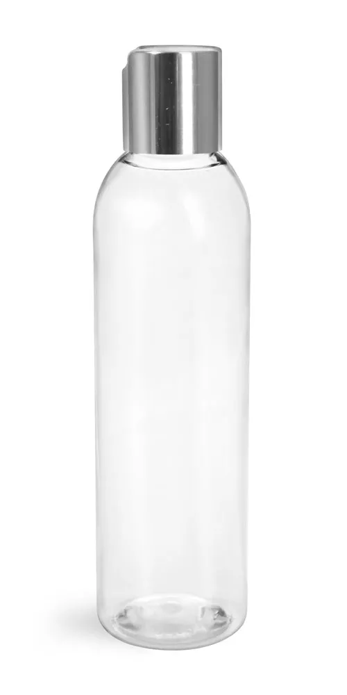 6 oz Clear PET Cosmo Round Bottles w/ with Silver Disc Top Caps