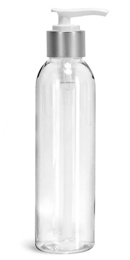 6 oz Clear PET Cosmo Round Bottles w/ White Brushed Aluminum Lotion Pumps