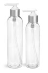 Clear Cosmo Round Bottles w/ White Brushed Aluminum Lotion Pumps