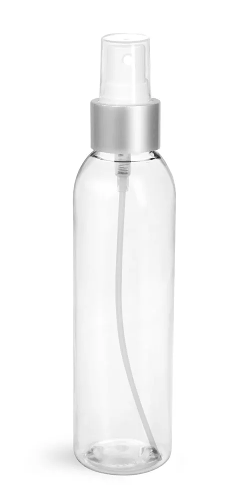6 oz Clear PET Cosmo Round Bottles w/ White Sprayers w/ Brushed Aluminum Collars