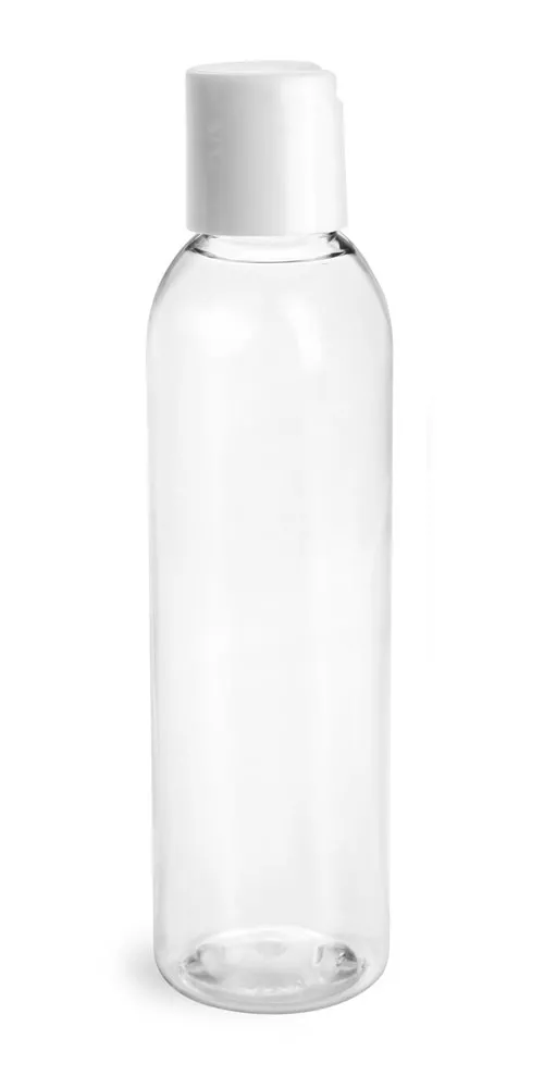 6 oz Clear PET Round Bottles w/ with White Disc Top Caps