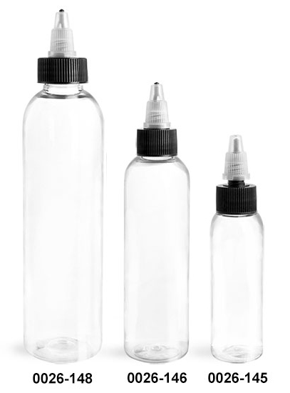 Plastic Bottles, Clear PET Cosmo Round Bottles w/ Black/Natural Induction Lined Caps