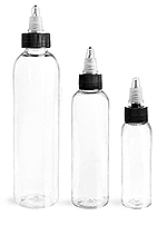 PET Plastic Bottles, Clear Cosmo Round Bottles w/ Black/Natural Induction Lined Caps