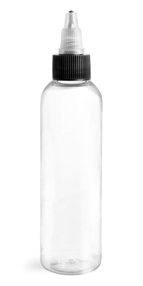 4 oz Plastic Bottles, Clear PET Cosmo Rounds w/ Black/Natural Induction Lined Caps