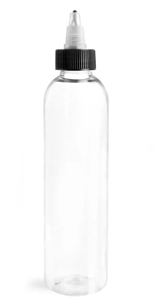 8 oz Plastic Bottles, Clear PET Cosmo Rounds w/ Black/Natural Induction Lined Caps