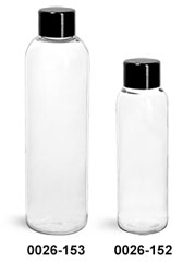 Plastic Bottles, Clear PET Cosmo Round Bottles w/ Black Smooth PS22 Lined Caps