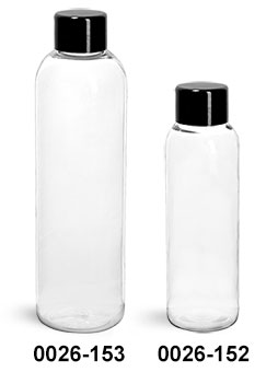 Plastic Bottles, Clear PET Cosmo Round Bottles w/ Black Smooth PS22 Lined Caps
