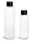 PET Plastic Bottles, Clear Cosmo Round Bottles w/ Black Smooth PS22 Lined Caps