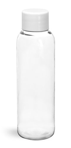 PET Plastic Bottles, Clear Cosmo Round Bottles w/ White Smooth PS22 Lined Caps