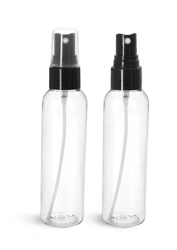 PET Plastic Bottles, Clear Cosmo Round Bottles w/ Smooth Black Fine Mist Sprayers