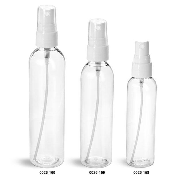 Plastic Bottles, Clear PET Cosmo Round Bottles w/ Smooth White Fine Mist Sprayers