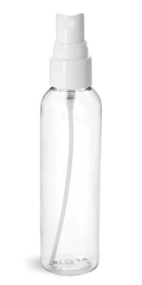 4 oz Plastic Bottles, Clear PET Cosmo Rounds w/ Smooth White Fine Mist Sprayers