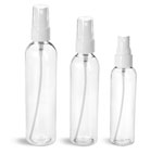 Plastic Bottles, Clear PET Cosmo Rounds w/ Smooth White Fine Mist Sprayers